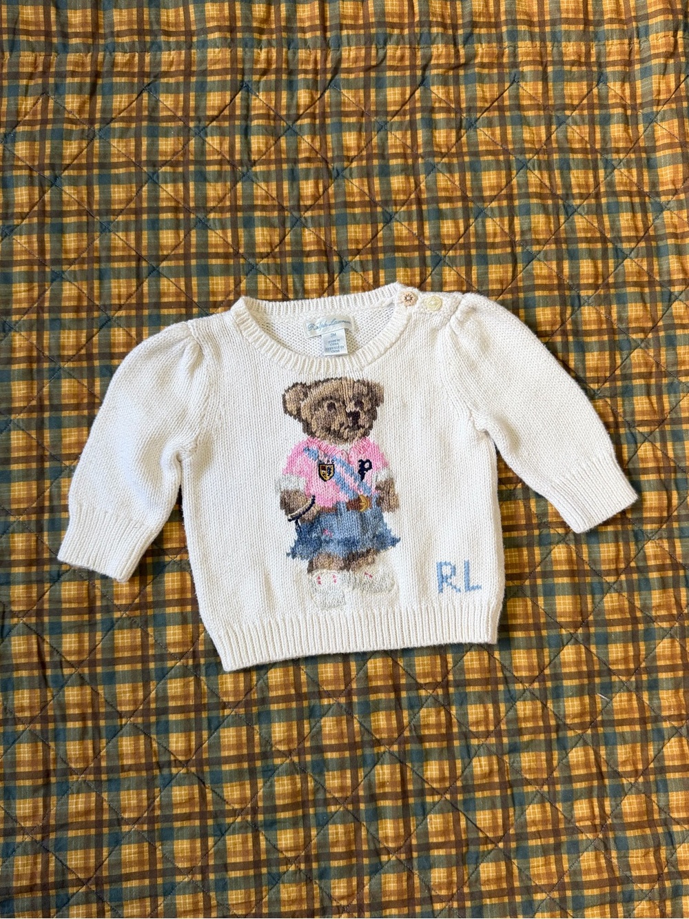 Ralph Lauren Cream Knit Teddy Bear Sweater with Pink & Blue Accent